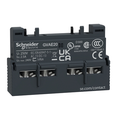 Hilfskontaktblock · Hilfskontakte: 2 NO, Nenn-Betriebs Spannung: 250VAC, Block Mounting Position: Front, Contactor Relay Range: TeSys/TeSys Deca/GV2/GV3 Demag Identnummer 52297228