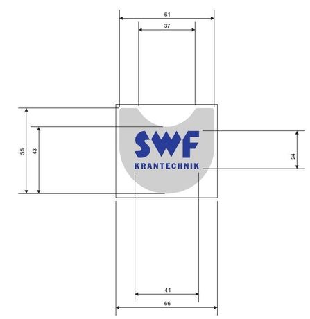 Aufkleber · Hook sticker, Sticker Text: "SWF Krantechnik" logo, Sticker Breite: 66 mm, Text Höhe: 24 mm, Text Farbe: Blue Demag Identnummer 52325830
