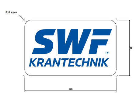Aufkleber · Hook sticker, Sticker Text: "SWF Krantechnik" logo, Sticker Breite: 140 mm, Sticker Höhe: 85 mm, Text Farbe: Blue Demag Identnummer 52482092