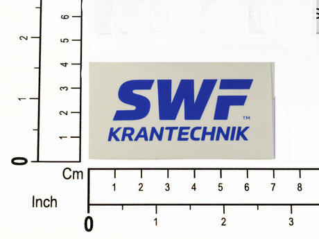 Aufkleber · Hook sticker, Sticker Text: "SWF Krantechnik" logo, Sticker Breite: 70 mm, Sticker Höhe: 40 mm, Text Farbe: Blue Demag Identnummer 52590883