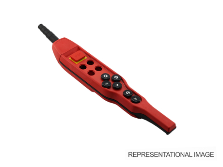 Hängesteuerungsrahmen · Complete DSB 10 pendant body with magnet wrap, 3-motions, E-stop, ON/Horn, Selection switch I, I+II, II, Light button, Blanking plug, DIN-symbols. Enthält separately FIN-SEN and ANSI symbol button plates. Demag Identnummer 53854792