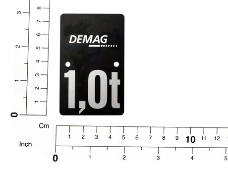 Traglastschild · Plate Text: Logo and "1,0t", White text on black background Demag Identnummer 83593044
