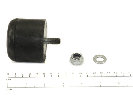 Gummipuffer · Material: Gummi, Durchmesser: 63mm, Länge: 53mm, Befestigungsart: Zentrierschraubverbindung. Gummipuffer 50011627 mit Mutter und Unterlegscheibe Demag Identnummer D0000254