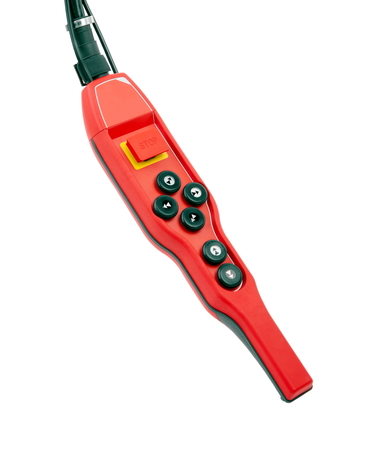 Steuerschalter · Komplettes Steuergerät: Rotes Gehäuse mit 6 Tasten, 2-Stufen-Drucktastern, 3 Bewegung, Kontaktblöcken, Not-Aus mit Kontakt, DIN-Symbolen Demag Identnummer D0003445