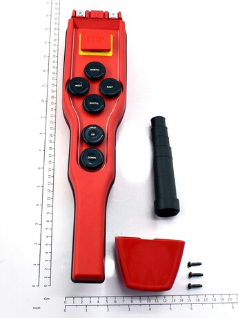 Steuerschalter · Komplettes Steuergerät: Rotes Gehäuse mit 6 Tasten, 2-Stufen-Drucktastern, 3 Bewegungen, Kontaktblöcken, Not-Aus mit Kontakt, ANSI-Symbolen Demag Identnummer D0003449