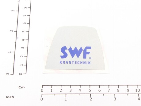 Aufkleber · Aufkleberbeschriftung: „SWF Krantechnik“, Aufkleberbreite: 62,2mm, Aufkleberhöhe: 49,8mm, Textfarbe: Blau auf weißem Hintergrund Demag Identnummer D0003471