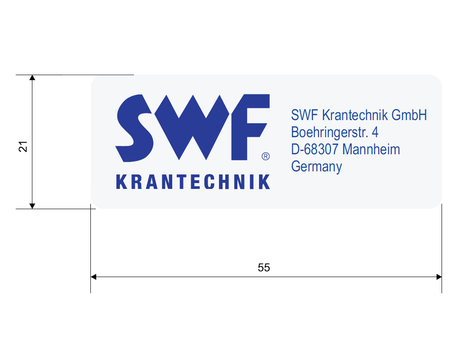 Aufkleber · Sticker Text: "SWF Krantechnik Gmbh, Boehringerstr. 4, D-68307 Mannheim, Germany", Sticker Breite: 54 mm, Sticker Höhe: 21 mm, Text Farbe: Blue Demag Identnummer D0004623