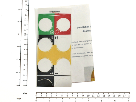 Aufkleber · Aufkleberbeschriftung: Richtungssymbole für PBQ06, FIN/SFS, Textfarbe: Symbole auf grünem, rotem, schwarz-gelbem und weiß-gelbem Hintergrund Demag Identnummer D0005369