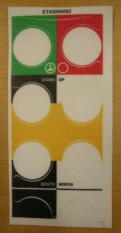 Aufkleber · Aufkleberbeschriftung: Kompass-/ANSI-Symbole für PBQ06, AB, Auf, Süd, Nord, Textfarbe: Symbole auf grünem, rotem, schwarz-gelbem und weiß-gelbem Hintergrund Demag Identnummer D0006064