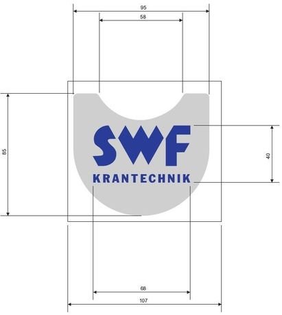 Aufkleber · Hakenaufkleber, Aufkleberbeschriftung: „SWF Krantechnik“-Logo, Aufkleberbreite: 107 mm, Texthöhe: 40 mm, Textfarbe: Blau Demag Identnummer D0006435