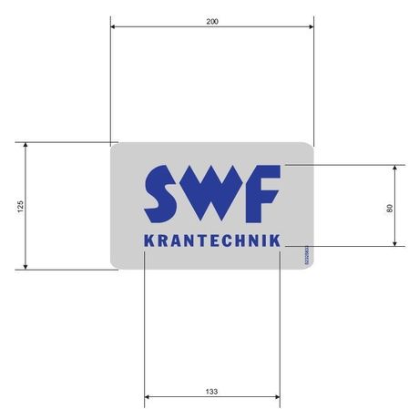 Aufkleber · Hakenaufkleber, Aufkleberbeschriftung: „SWF Krantechnik“-Logo, Aufkleberbreite: 200 mm, Aufkleberhöhe: 125 mm, Texthöhe: 80 mm, Textfarbe: Blau Demag Identnummer D0006530
